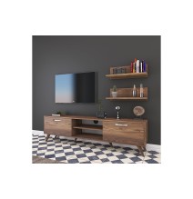 Mueble TV Completo en Melamina Color Nogal, 180x35x48.5 cm, con 2 Estantes